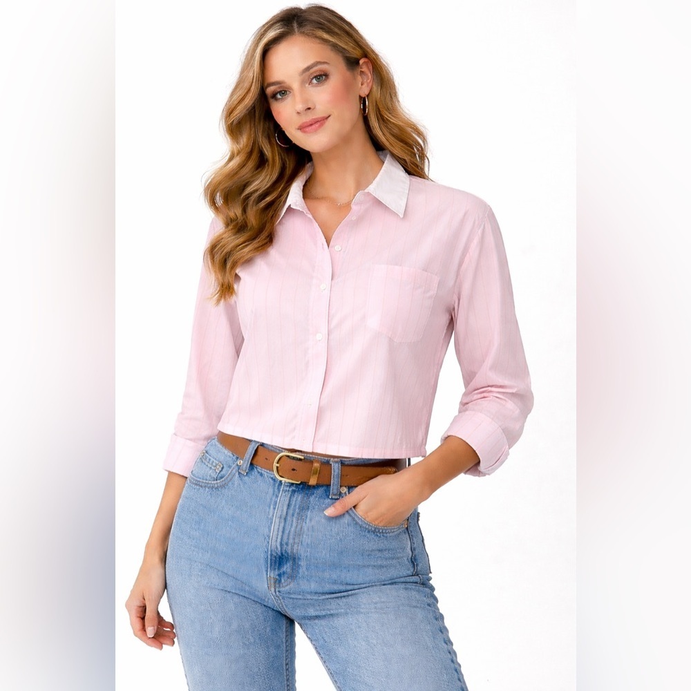 Old Navy Light Pink Striped Womens Button Down  Crop Shirt